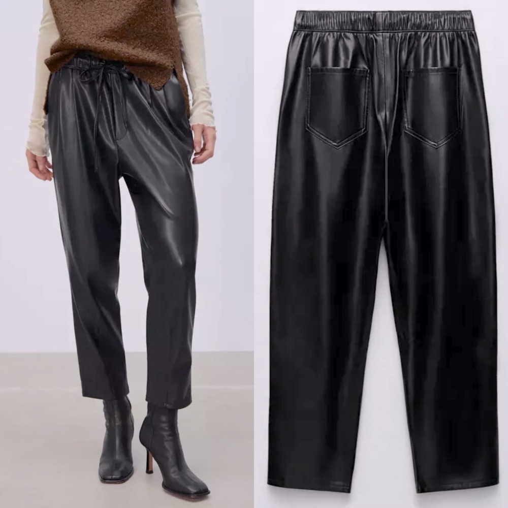 Zara RELAXED FAUX LEATHER THE WEEKEND MID-RISE PANTS Black NEW